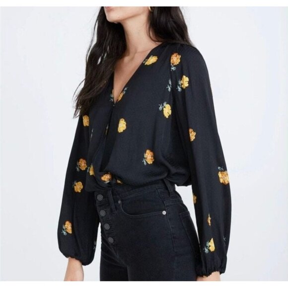 Madewell Bubble Sleeve Wrap Top Womens M Medium Black Yellow Cropped Festival‎ - Picture 1 of 10